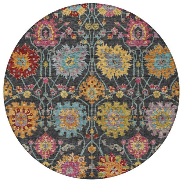 HomeRoots 8' Elegant Round Damask Rug in Black, Gold & Pink - Washable, Durable for Indoor & Outdoor Use 657807