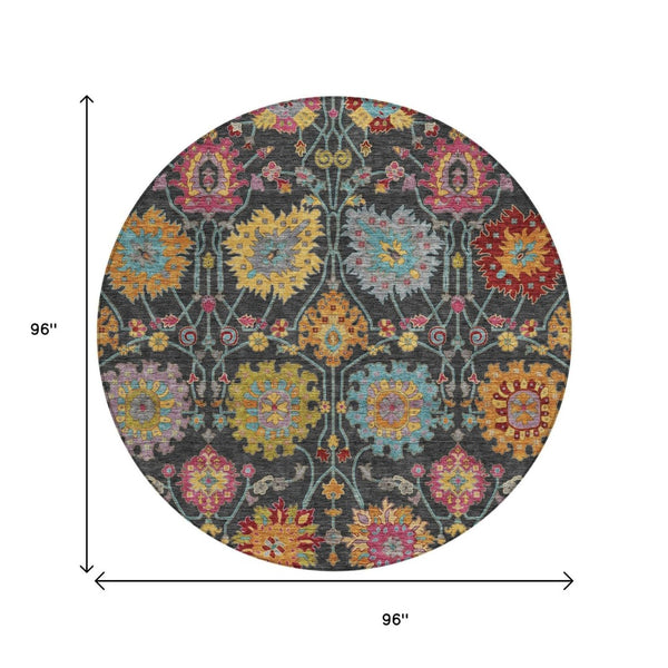 HomeRoots 8' Elegant Round Damask Rug in Black, Gold & Pink - Washable, Durable for Indoor & Outdoor Use 657807