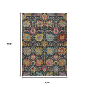 HomeRoots 10' Elegant Black Gold & Pink Damask Washable Rug - Stylish Indoor/Outdoor Solution for Any Space 657810