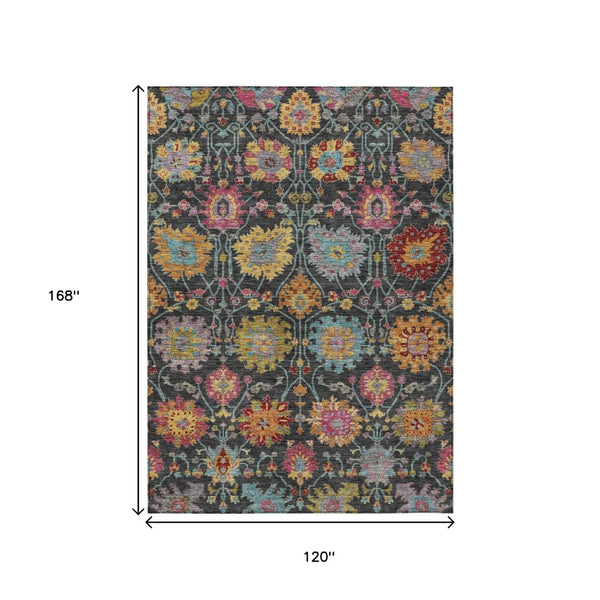 HomeRoots 10' Elegant Black Gold & Pink Damask Washable Rug - Stylish Indoor/Outdoor Solution for Any Space 657810