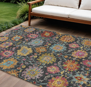 HomeRoots 10' Elegant Black Gold & Pink Damask Washable Rug - Stylish Indoor/Outdoor Solution for Any Space 657810
