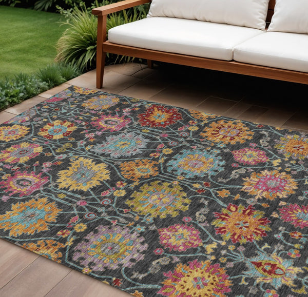 HomeRoots 10' Elegant Black Gold & Pink Damask Washable Rug - Stylish Indoor/Outdoor Solution for Any Space 657810