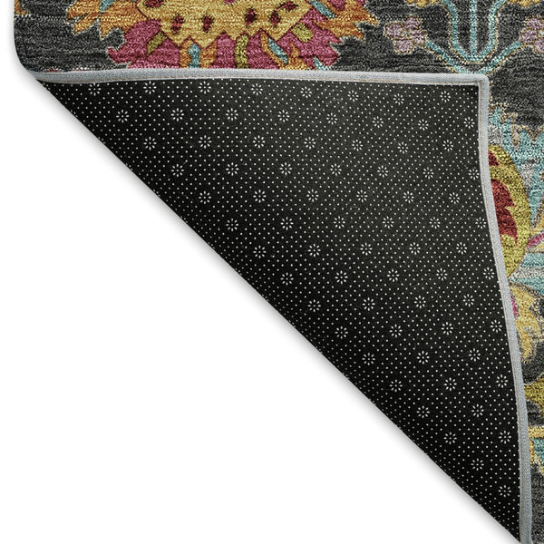 HomeRoots 10' Elegant Black Gold & Pink Damask Washable Rug - Stylish Indoor/Outdoor Solution for Any Space 657810