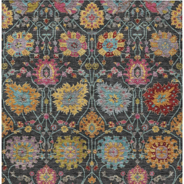 HomeRoots 10' Elegant Black Gold & Pink Damask Washable Rug - Stylish Indoor/Outdoor Solution for Any Space 657810