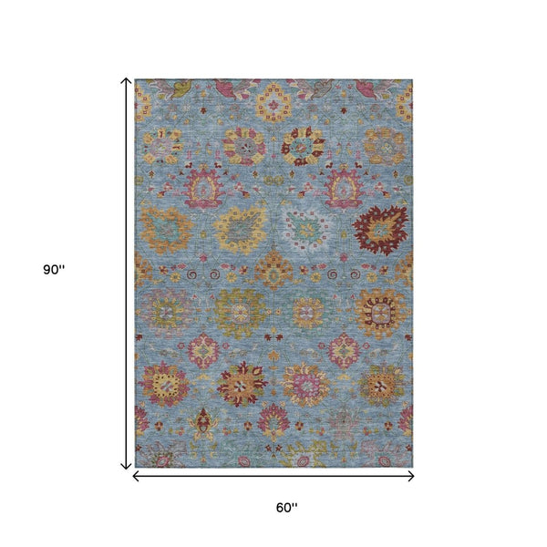 HomeRoots 5' X 8' Washable Blue Gold and Pink Damask Area Rug – Durable, Stylish for Indoor & Outdoor Spaces! 657812