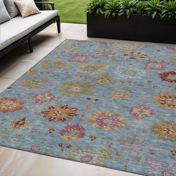 HomeRoots 5' X 8' Washable Blue Gold and Pink Damask Area Rug – Durable, Stylish for Indoor & Outdoor Spaces! 657812
