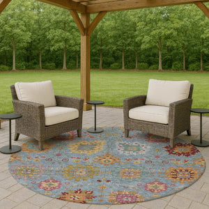 HomeRoots 8' Vibrant Blue Gold Pink Round Damask Rug - Durable, Washable, Indoor & Outdoor Style for All Spaces 657813