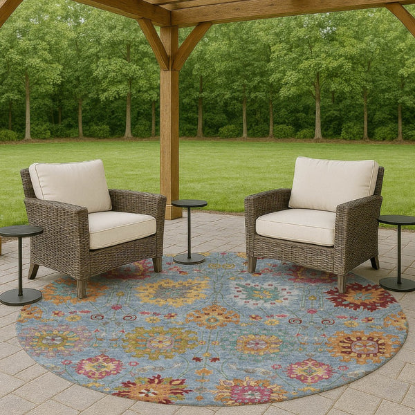 HomeRoots 8' Vibrant Blue Gold Pink Round Damask Rug - Durable, Washable, Indoor & Outdoor Style for All Spaces 657813