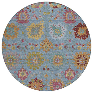 HomeRoots 8' Vibrant Blue Gold Pink Round Damask Rug - Durable, Washable, Indoor & Outdoor Style for All Spaces 657813