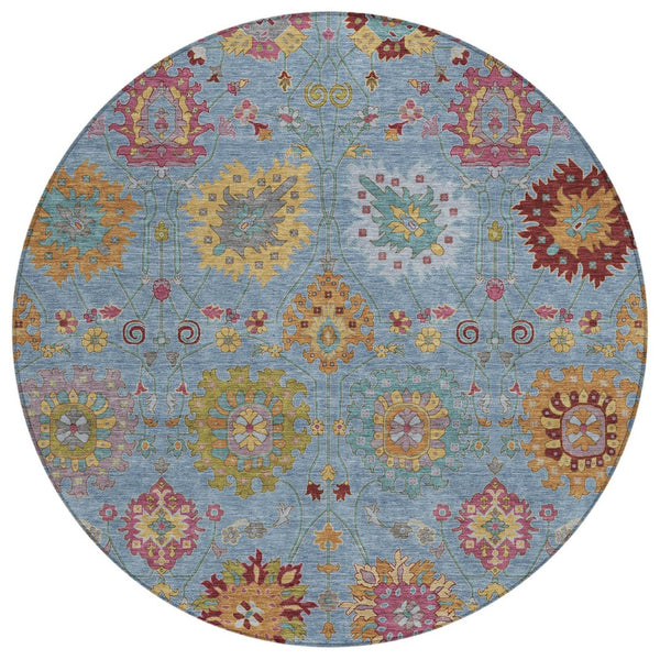 HomeRoots 8' Vibrant Blue Gold Pink Round Damask Rug - Durable, Washable, Indoor & Outdoor Style for All Spaces 657813