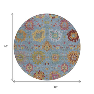 HomeRoots 8' Vibrant Blue Gold Pink Round Damask Rug - Durable, Washable, Indoor & Outdoor Style for All Spaces 657813