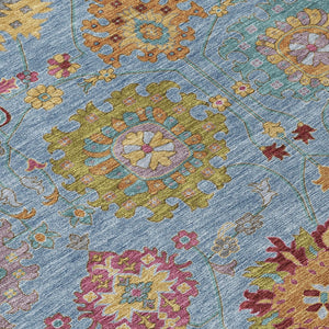 HomeRoots 8' Vibrant Blue Gold Pink Round Damask Rug - Durable, Washable, Indoor & Outdoor Style for All Spaces 657813