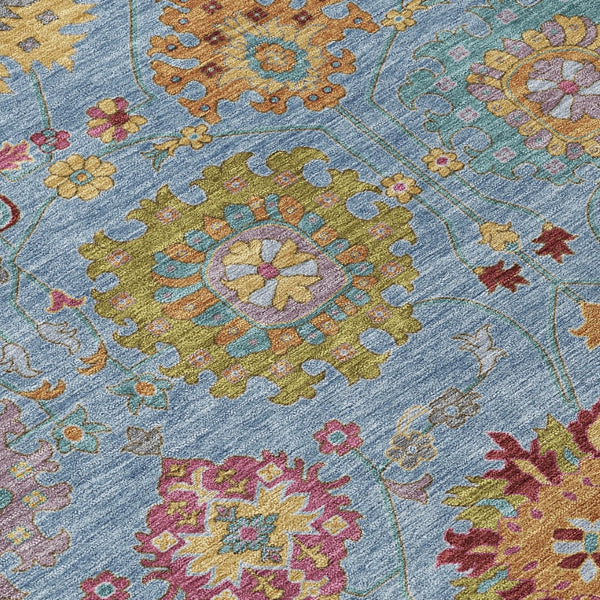 HomeRoots 8' Vibrant Blue Gold Pink Round Damask Rug - Durable, Washable, Indoor & Outdoor Style for All Spaces 657813