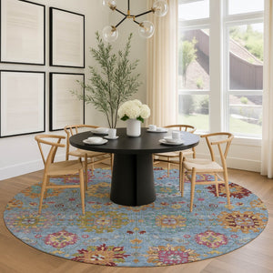 HomeRoots 8' Vibrant Blue Gold Pink Round Damask Rug - Durable, Washable, Indoor & Outdoor Style for All Spaces 657813