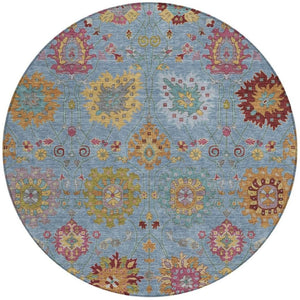 HomeRoots 8' Vibrant Blue Gold Pink Round Damask Rug - Durable, Washable, Indoor & Outdoor Style for All Spaces 657813