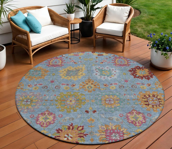 HomeRoots 8' Vibrant Blue Gold Pink Round Damask Rug - Durable, Washable, Indoor & Outdoor Style for All Spaces 657813