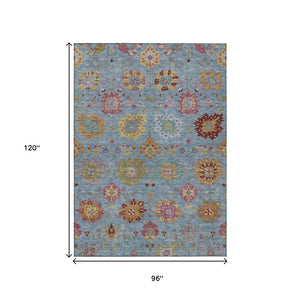 HomeRoots 8' Washable Blue, Gold, and Pink Damask Area Rug - Durable Indoor/Outdoor Design for Any Space 657814