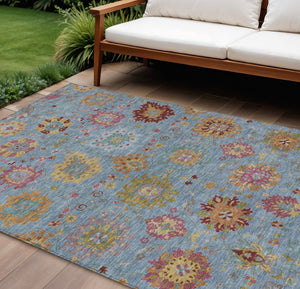 HomeRoots 8' Washable Blue, Gold, and Pink Damask Area Rug - Durable Indoor/Outdoor Design for Any Space 657814