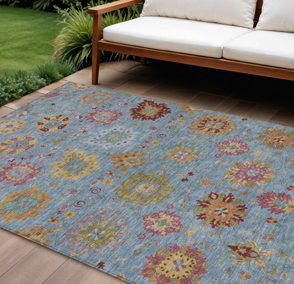 HomeRoots 8' Washable Blue, Gold, and Pink Damask Area Rug - Durable Indoor/Outdoor Design for Any Space 657814