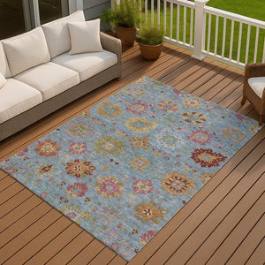 HomeRoots 8' Washable Blue, Gold, and Pink Damask Area Rug - Durable Indoor/Outdoor Design for Any Space 657814