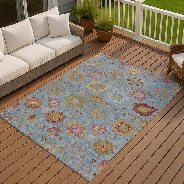 HomeRoots 8' Washable Blue, Gold, and Pink Damask Area Rug - Durable Indoor/Outdoor Design for Any Space 657814