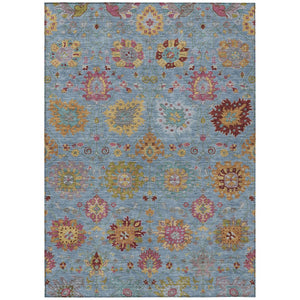 HomeRoots 8' Washable Blue, Gold, and Pink Damask Area Rug - Durable Indoor/Outdoor Design for Any Space 657814