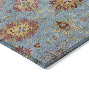 HomeRoots 8' Washable Blue, Gold, and Pink Damask Area Rug - Durable Indoor/Outdoor Design for Any Space 657814
