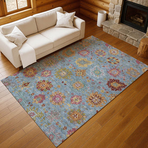 HomeRoots 8' Washable Blue, Gold, and Pink Damask Area Rug - Durable Indoor/Outdoor Design for Any Space 657814