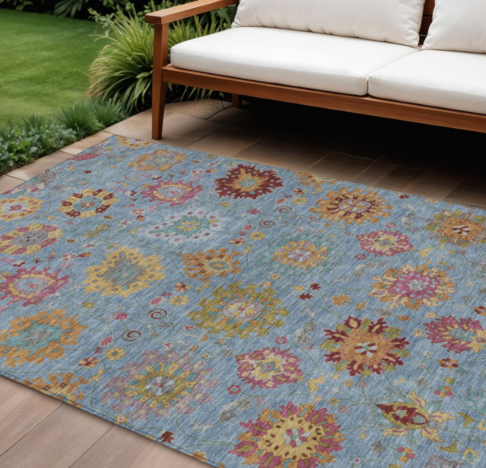 HomeRoots 9' Elegant Blue, Gold, and Pink Damask Washable Area Rug - Versatile Indoor/Outdoor Comfort & Style 657815
