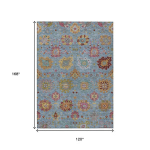 HomeRoots 10' Blue Gold Pink Damask Area Rug - Washable, Durable Indoor/Outdoor Design for High-Traffic Spaces 657816