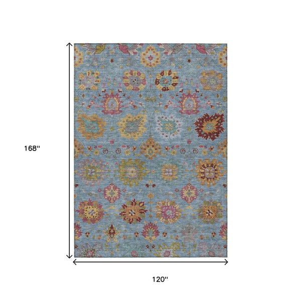 HomeRoots 10' Blue Gold Pink Damask Area Rug - Washable, Durable Indoor/Outdoor Design for High-Traffic Spaces 657816