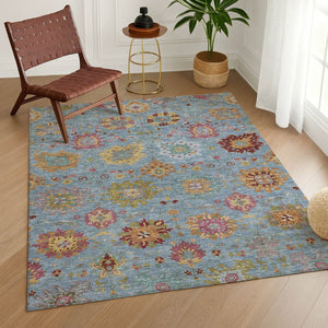 HomeRoots 10' Blue Gold Pink Damask Area Rug - Washable, Durable Indoor/Outdoor Design for High-Traffic Spaces 657816
