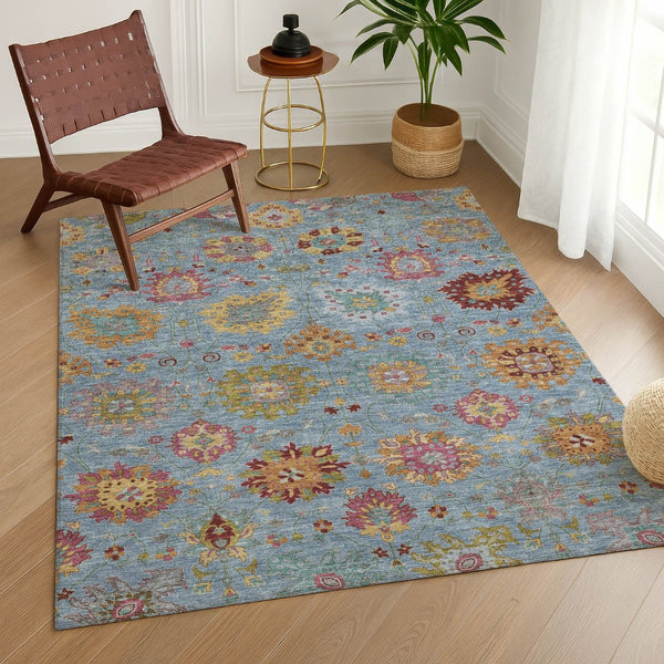 HomeRoots 10' Blue Gold Pink Damask Area Rug - Washable, Durable Indoor/Outdoor Design for High-Traffic Spaces 657816