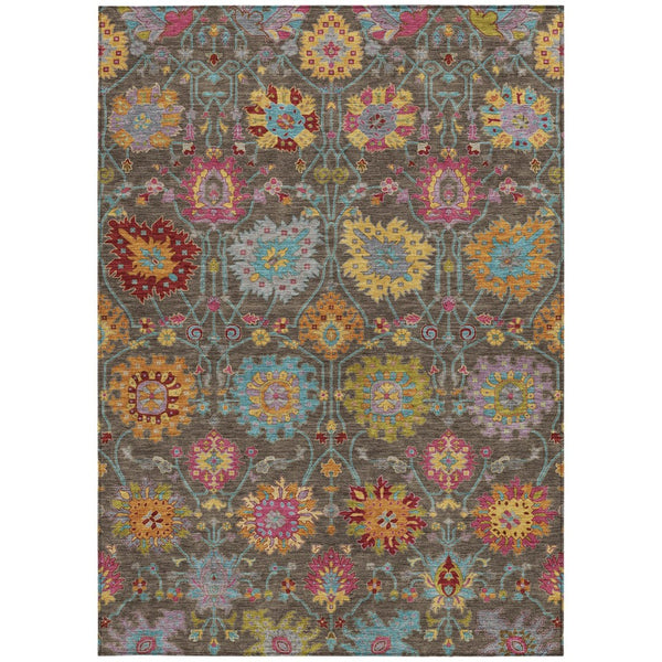 HomeRoots 5' Elegant Chocolate Gold & Pink Damask Area Rug – Durable, Washable for Indoor & Outdoor Spaces! 657818