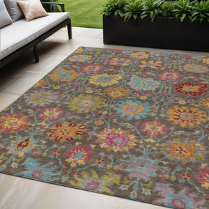 HomeRoots 5' Elegant Chocolate Gold & Pink Damask Area Rug – Durable, Washable for Indoor & Outdoor Spaces! 657818