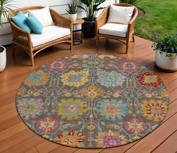 HomeRoots 8' Stylish Chocolate Gold and Pink Damask Washable Area Rug – Versatile for Indoor & Outdoor Use! 657819