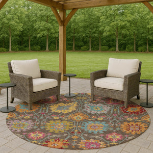 HomeRoots 8' Stylish Chocolate Gold and Pink Damask Washable Area Rug – Versatile for Indoor & Outdoor Use! 657819