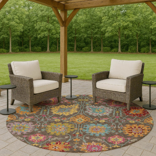 HomeRoots 8' Stylish Chocolate Gold and Pink Damask Washable Area Rug – Versatile for Indoor & Outdoor Use! 657819