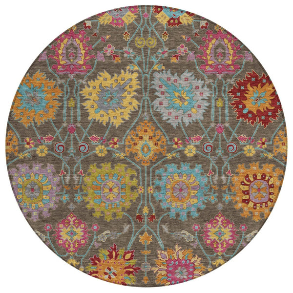 HomeRoots 8' Stylish Chocolate Gold and Pink Damask Washable Area Rug – Versatile for Indoor & Outdoor Use! 657819