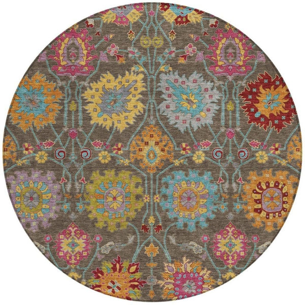 HomeRoots 8' Stylish Chocolate Gold and Pink Damask Washable Area Rug – Versatile for Indoor & Outdoor Use! 657819
