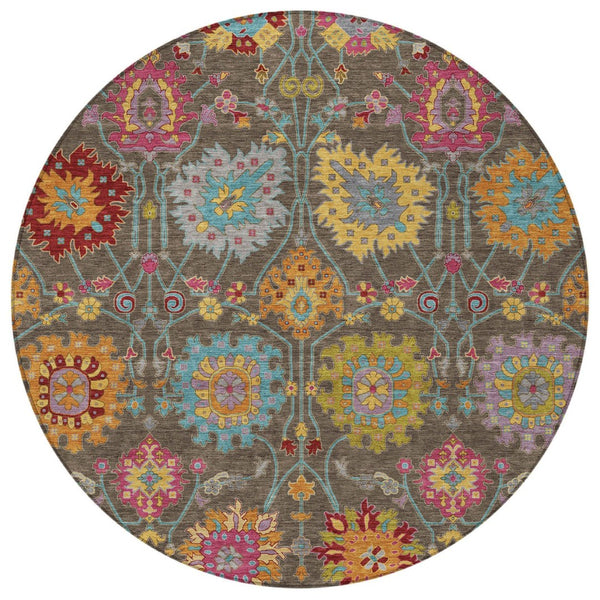 HomeRoots 8' Stylish Chocolate Gold and Pink Damask Washable Area Rug – Versatile for Indoor & Outdoor Use! 657819