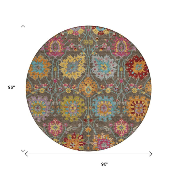 HomeRoots 8' Stylish Chocolate Gold and Pink Damask Washable Area Rug – Versatile for Indoor & Outdoor Use! 657819