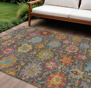 HomeRoots 8' Chocolate Gold and Pink Damask Washable Area Rug - Stylish, Durable, Perfect for Indoor & Outdoor Use 657820