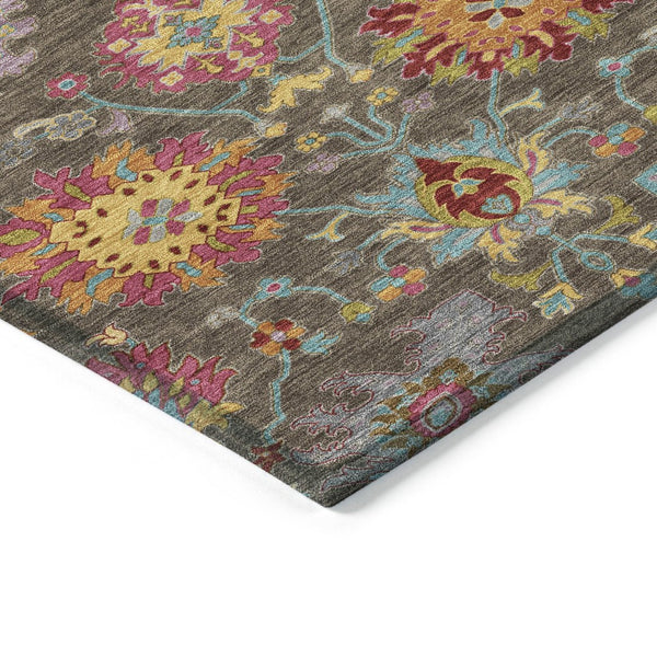 HomeRoots 8' Chocolate Gold and Pink Damask Washable Area Rug - Stylish, Durable, Perfect for Indoor & Outdoor Use 657820