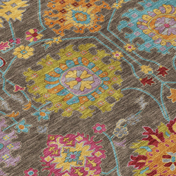 HomeRoots 8' Chocolate Gold and Pink Damask Washable Area Rug - Stylish, Durable, Perfect for Indoor & Outdoor Use 657820