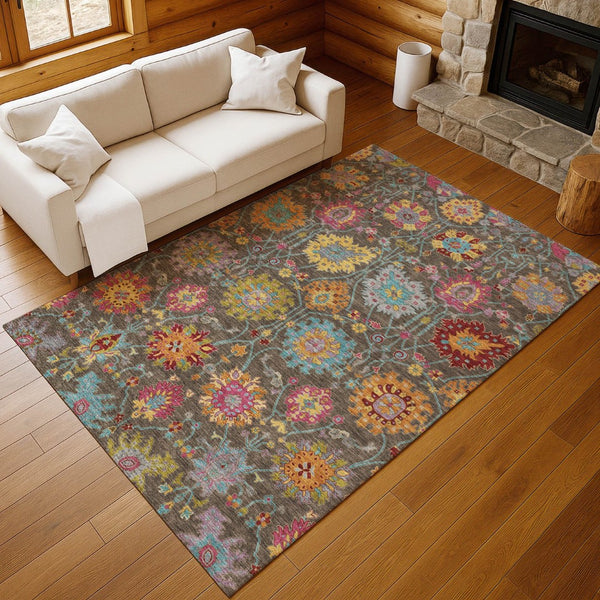 HomeRoots 8' Chocolate Gold and Pink Damask Washable Area Rug - Stylish, Durable, Perfect for Indoor & Outdoor Use 657820