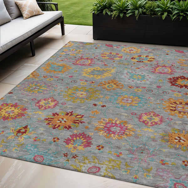 HomeRoots 5' X 8' Stylish Gray Gold Pink Damask Area Rug - Washable, Durable Indoor/Outdoor Decor for All Spaces 657824