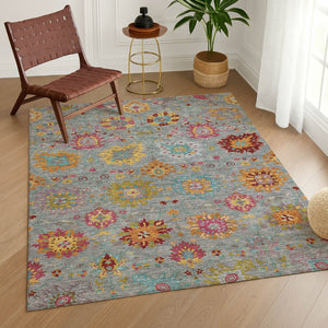 HomeRoots 5' X 8' Stylish Gray Gold Pink Damask Area Rug - Washable, Durable Indoor/Outdoor Decor for All Spaces 657824