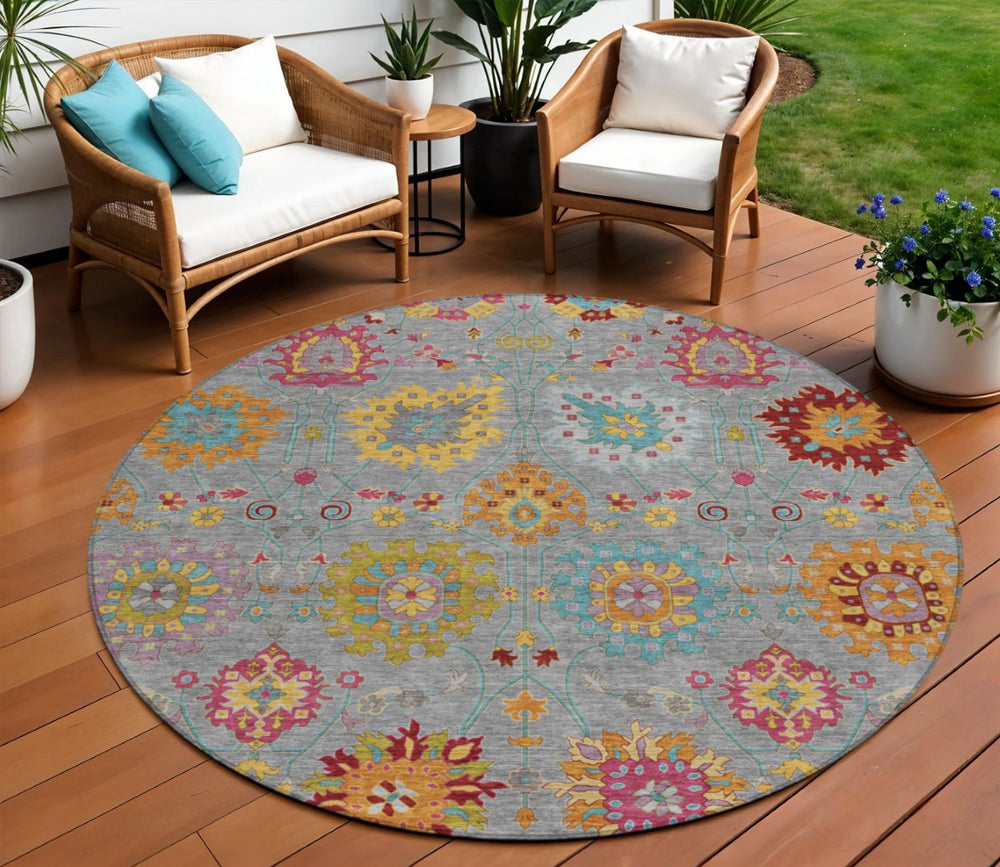 HomeRoots 8' Gray Gold and Pink Round Damask Rug - Washable, Durable, Indoor/Outdoor Area Accent for Any Space 657825