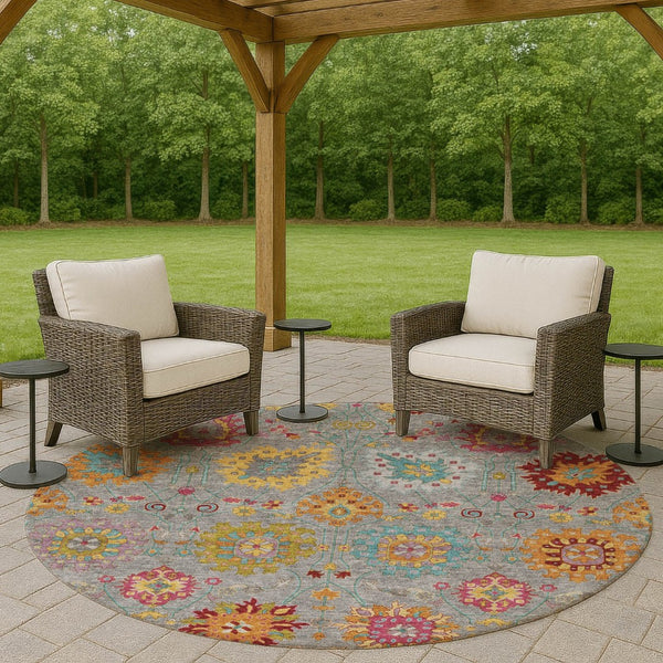 HomeRoots 8' Gray Gold and Pink Round Damask Rug - Washable, Durable, Indoor/Outdoor Area Accent for Any Space 657825